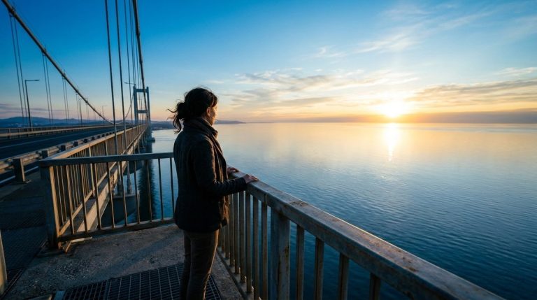 Woman standing on a suspension bridge railing looking out at a golden sunrise over the ocean.