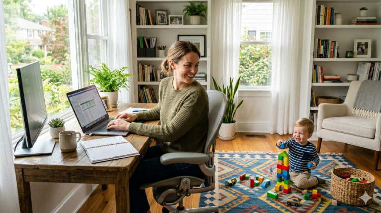 Woman working on a laptop at a desk while a toddler plays with blocks on a rug nearby.