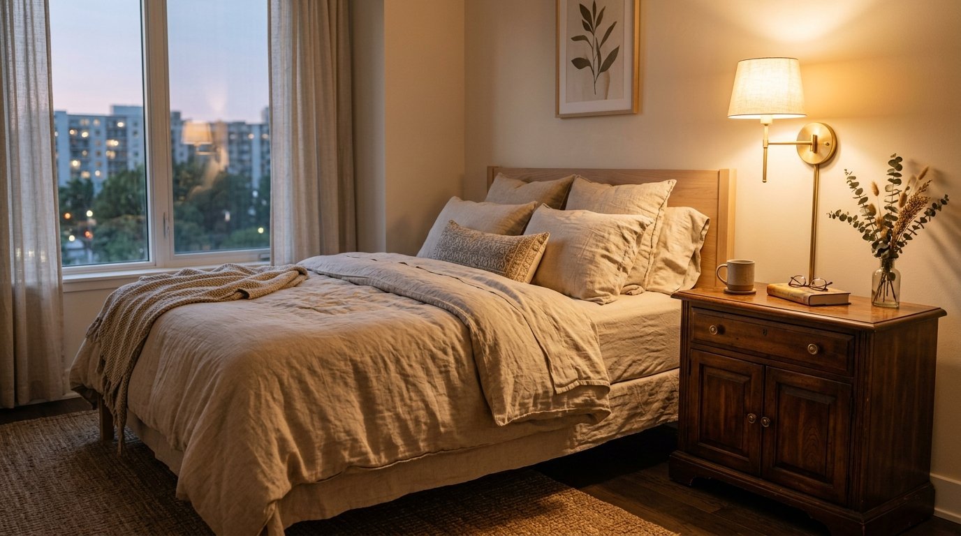 Bedroom with large window, bed with duvet, and nightstand with lamp, book, eyeglasses, and flowers.