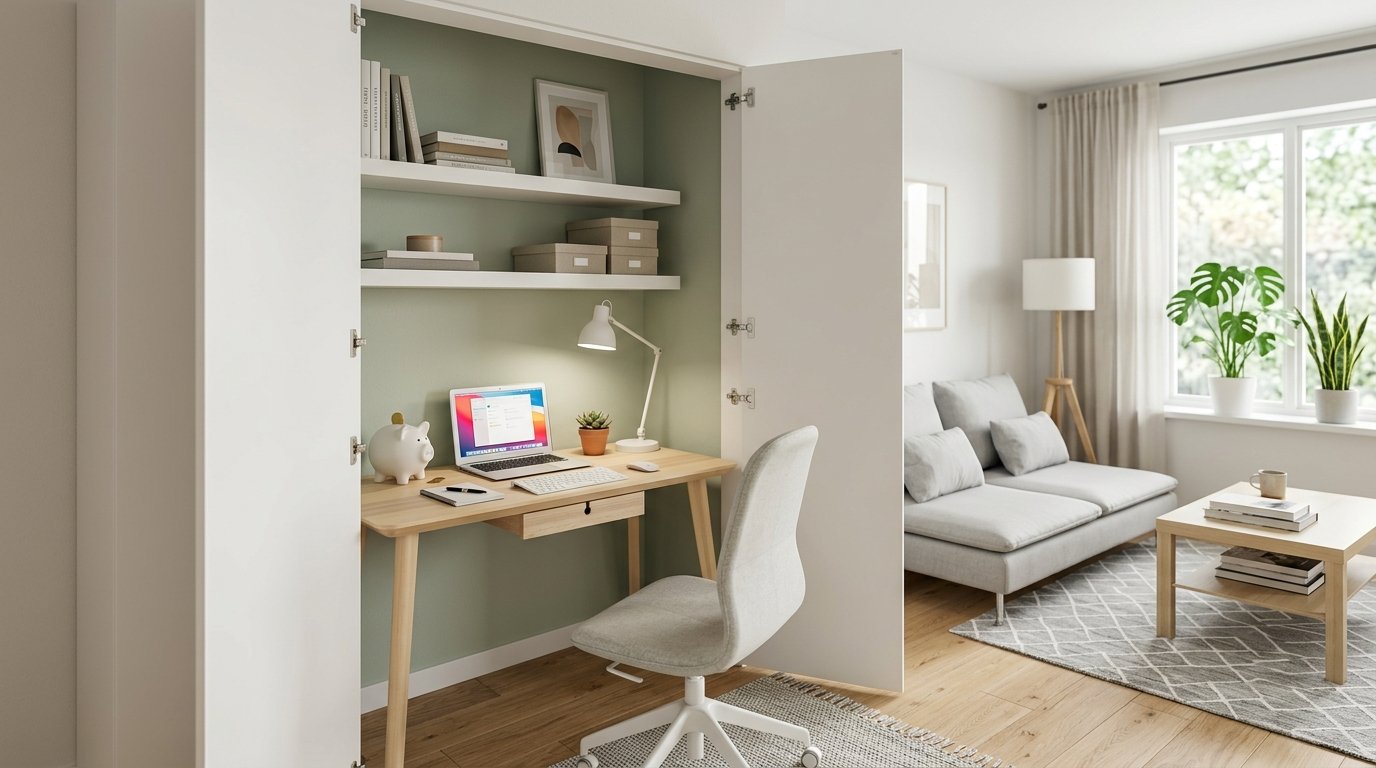 A light wood desk and office chair inside a small closet niche with a sage green wall and open white doors.