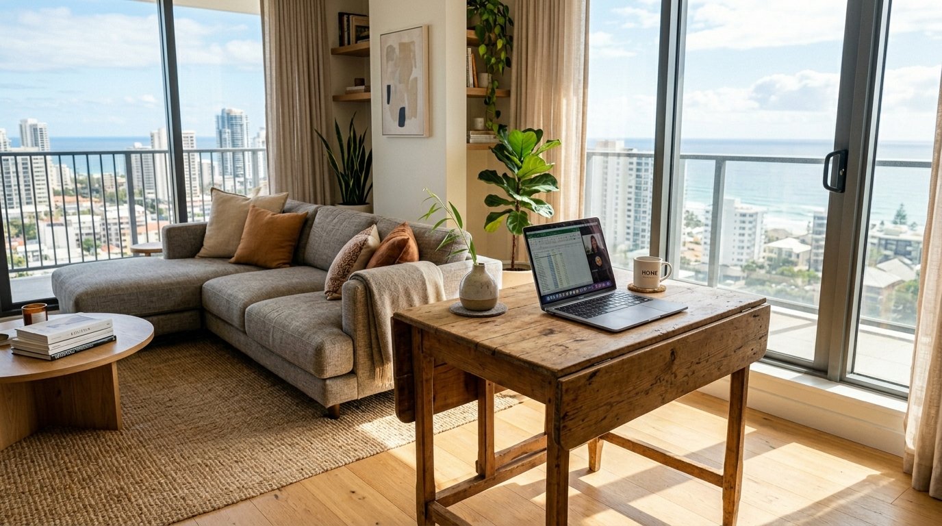 A rustic wooden desk with a laptop facing a sofa in a bright apartment overlooking the ocean and city skyline.