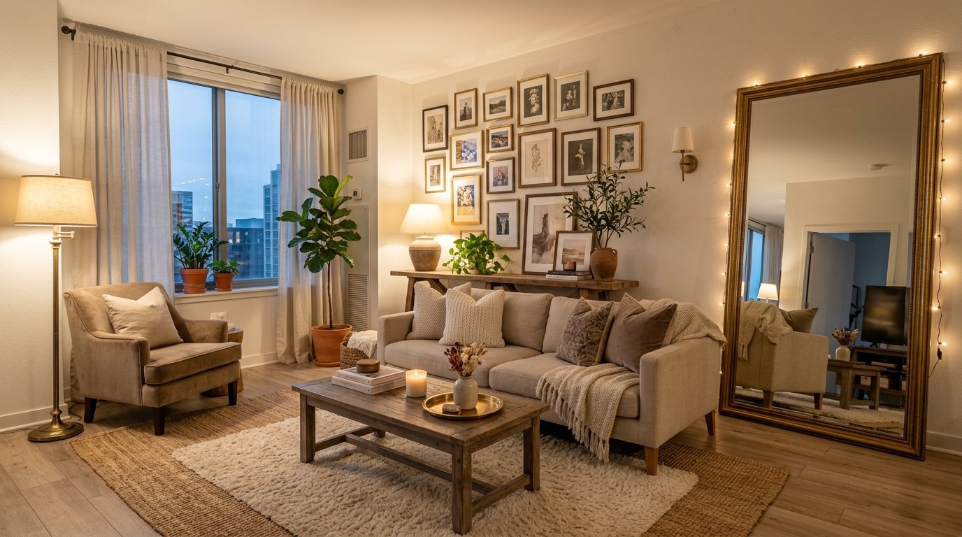 Modern living room featuring a beige sofa, gallery wall, floor mirror with string lights, and a wooden coffee table.