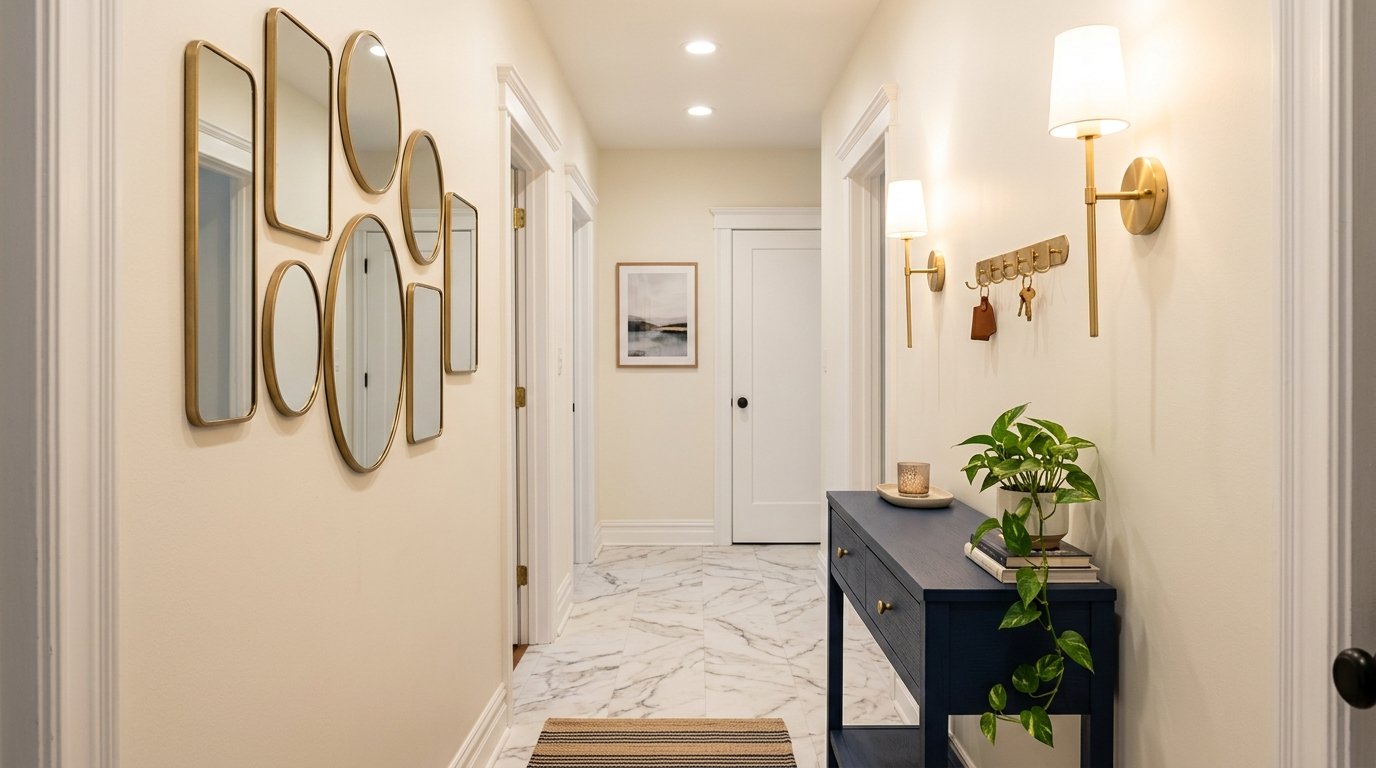 Bright corridor with cream walls, marble floor, various gold-framed mirrors, and a navy entryway table with a green plant.
