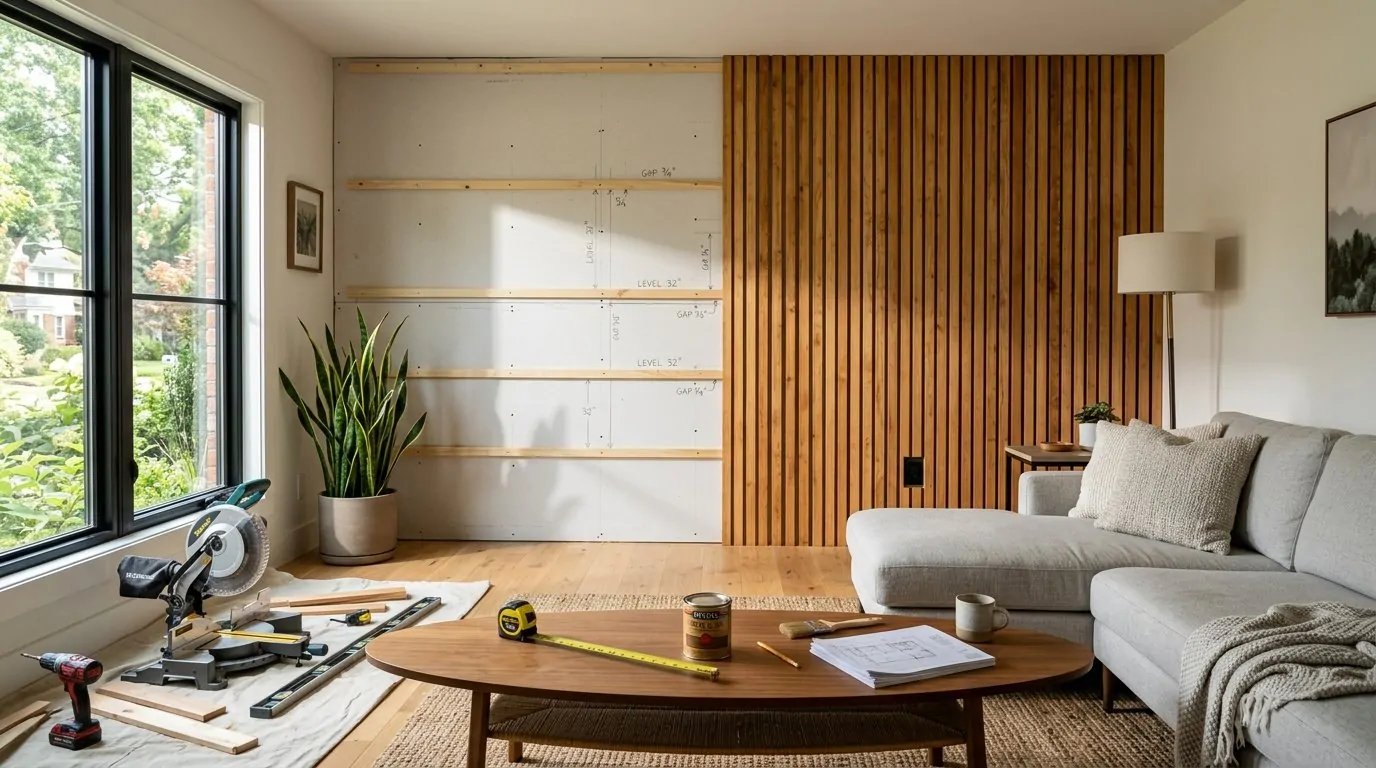 Construction zone in a living room with a half-installed wood slat feature wall, miter saw, and tools on a coffee table.