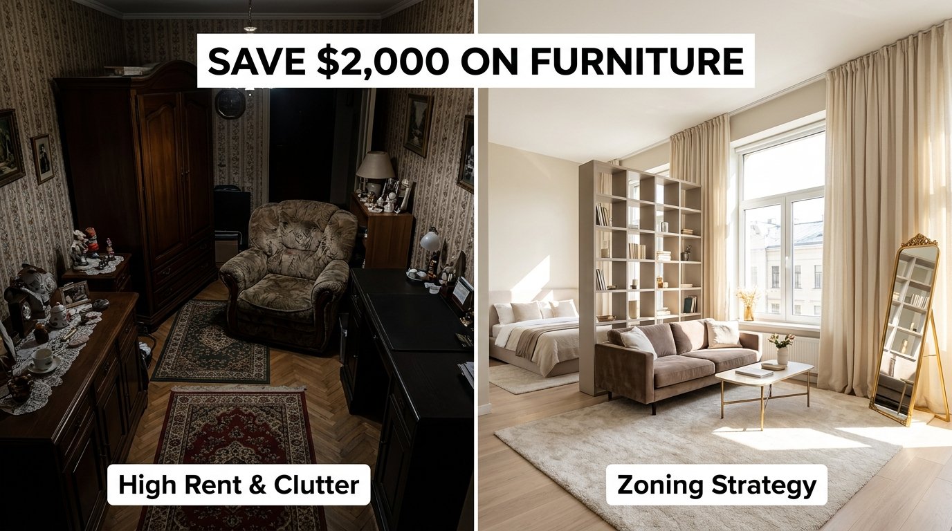 Comparison of a dark, cluttered classic living space beside a bright, minimalist apartment with a room divider shelf.