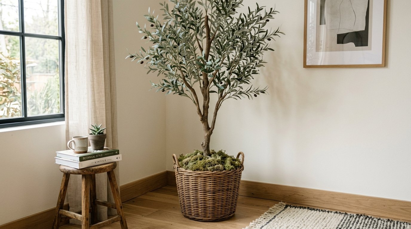 An olive tree planted in a wicker basket sits inside, by a window with a stool.