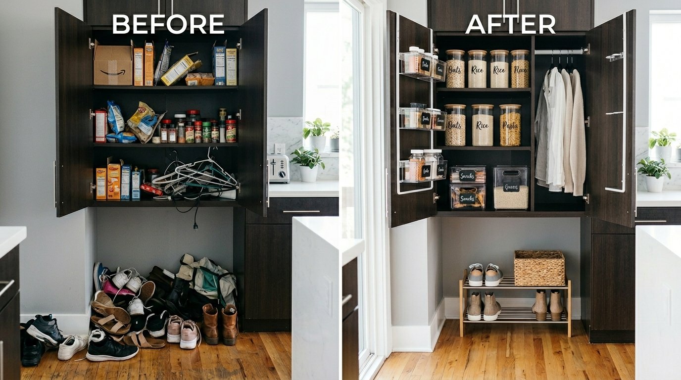 Side-by-side comparison of a messy kitchen cupboard and shoe area reorganized with labeled jars and a wooden shelf.
