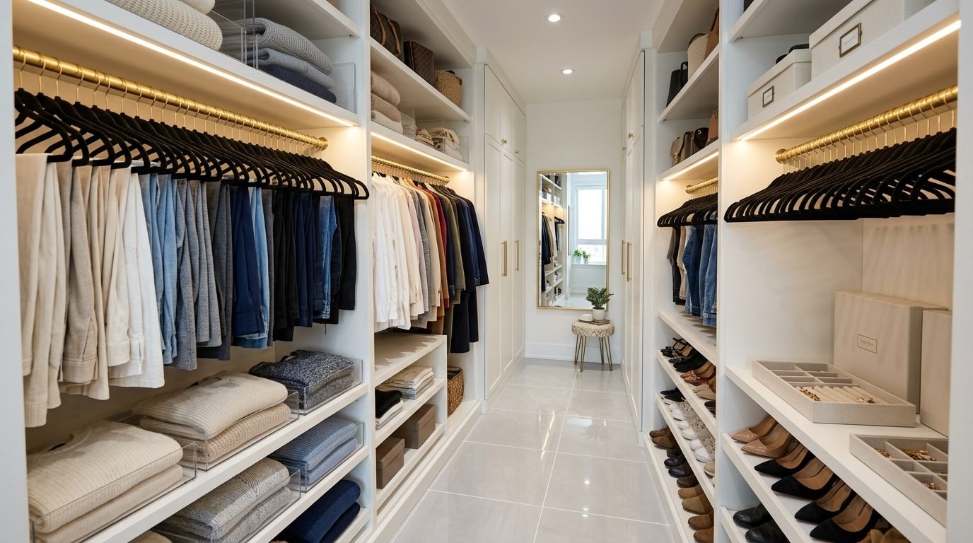 Modern white walk-in closet with hanging clothes, folded sweaters on shelves, and high heels displayed on lower racks.