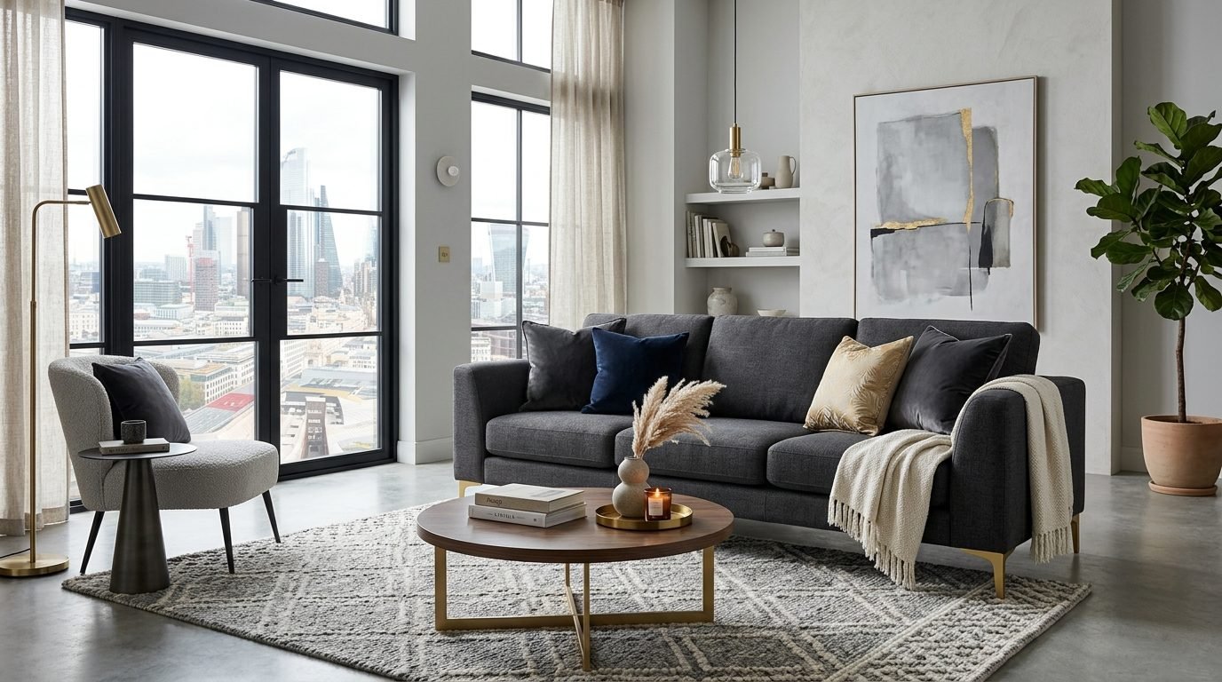 A charcoal gray couch with decorative pillows and a throw blanket sits in a sunlit apartment overlooking a city.