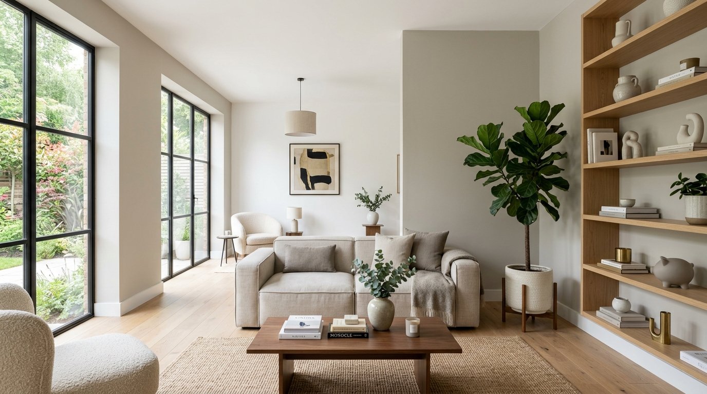 Bright living room with a beige sofa, wooden coffee table, fiddle leaf fig plant, and open oak shelving.