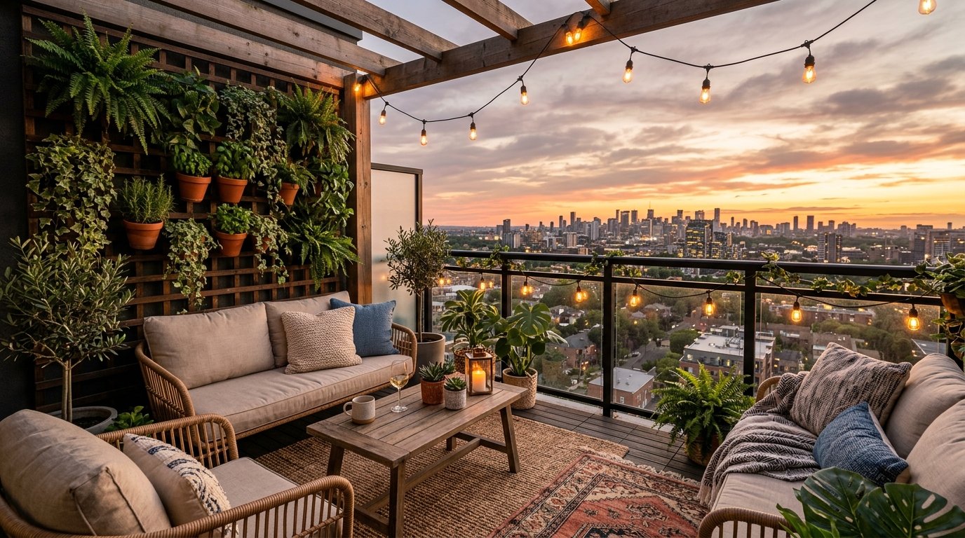 Urban terrace with wicker furniture and a vertical plant wall at dusk.