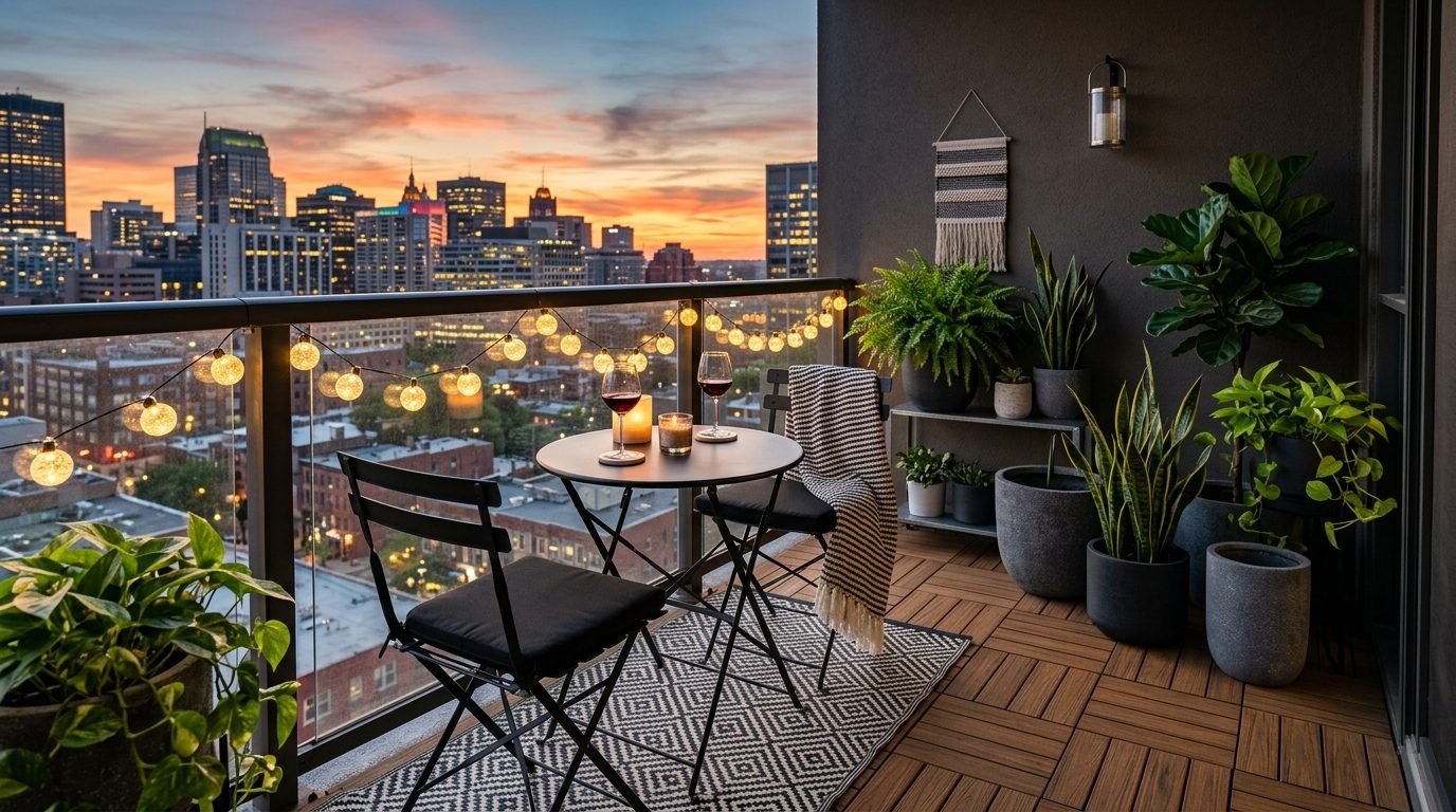 A furnished apartment balcony with a bistro set, potted plants, and string lights overlooking a city skyline at dusk.