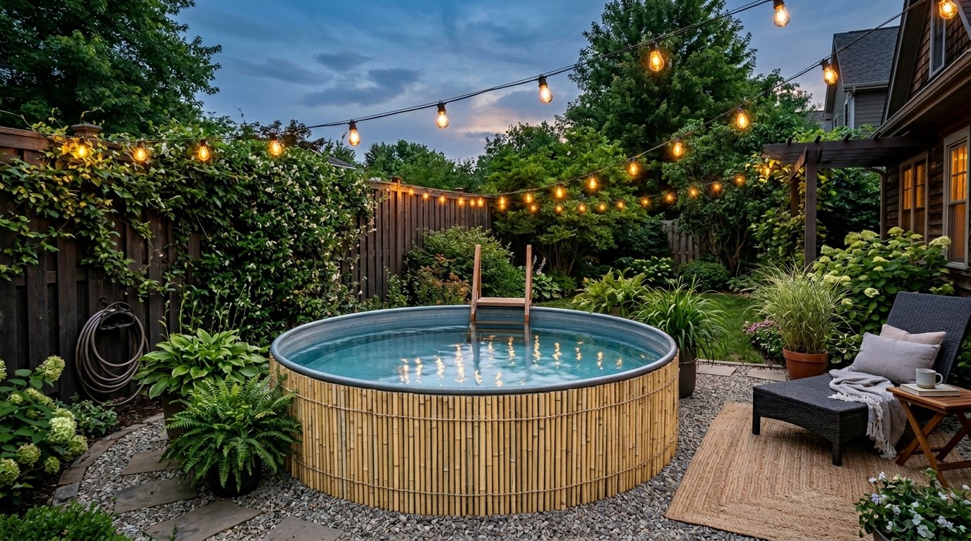 A round galvanized stock tank pool wrapped in bamboo siding, surrounded by string lights and lush garden landscaping.