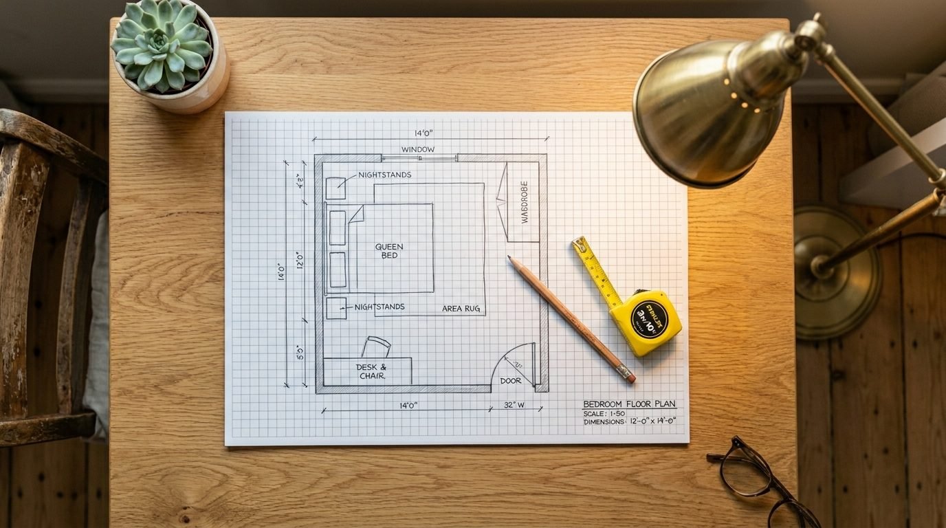 Top down view of a bedroom layout blueprint with a yellow measuring tape, pencil, lamp, and succulent on a wooden table.
