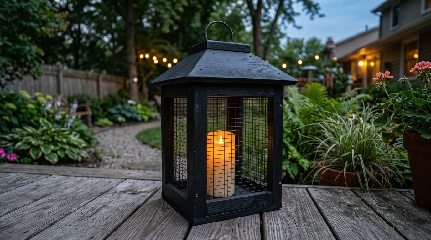 A dark wooden lantern with wire mesh sides holding an LED candle sits on a wooden deck during twilight.