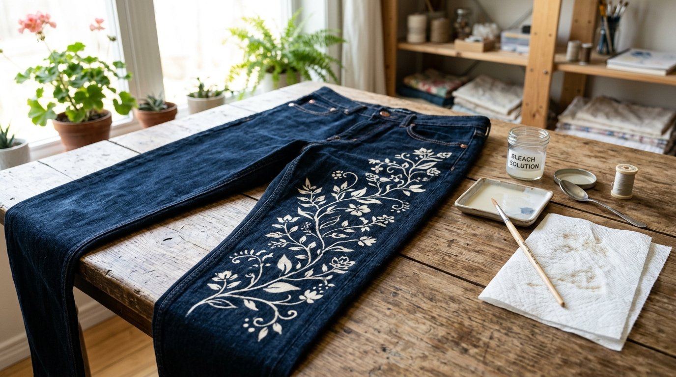 A pair of dark denim jeans with hand-painted white floral patterns lying on a wooden craft table with art supplies.