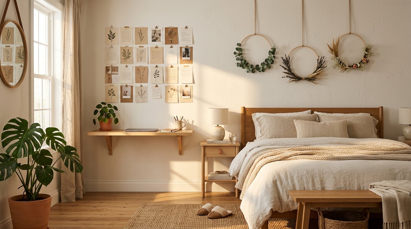 A bedroom with a wooden bed, floating desk, hanging hoop wreaths, and a gallery of botanical prints on the wall.