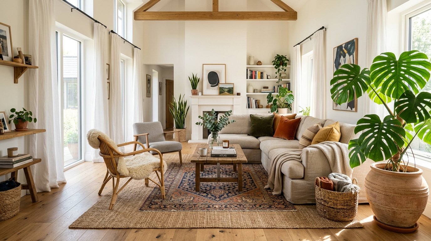 A sunlit living room with a cream sectional, wooden coffee table, rattan chair, and large monstera plant in a clay pot.