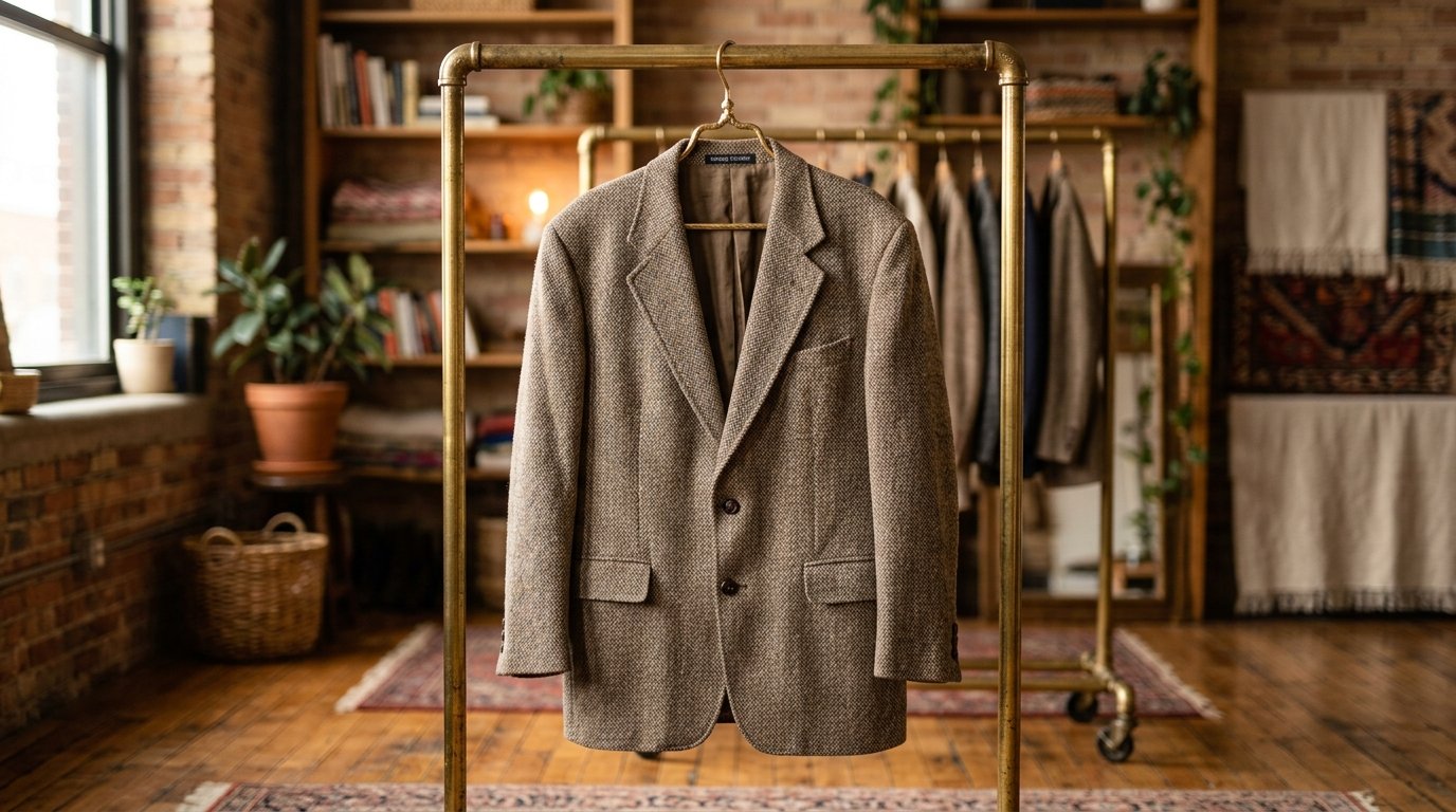 Close up of a brown herringbone blazer displayed on a gold clothing rack in a rustic boutique.