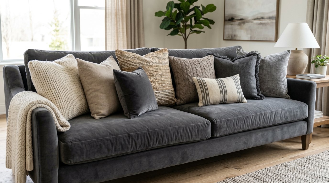 Close-up of a dark grey velvet sofa with multiple decorative pillows in cream, brown, and textured fabric finishes.