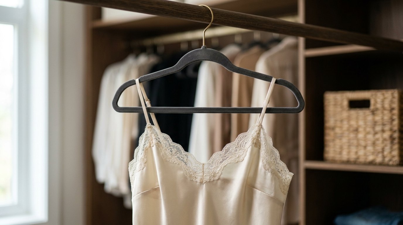A beige silk camisole with delicate lace trim hangs on a grey velvet hanger in a wooden closet.