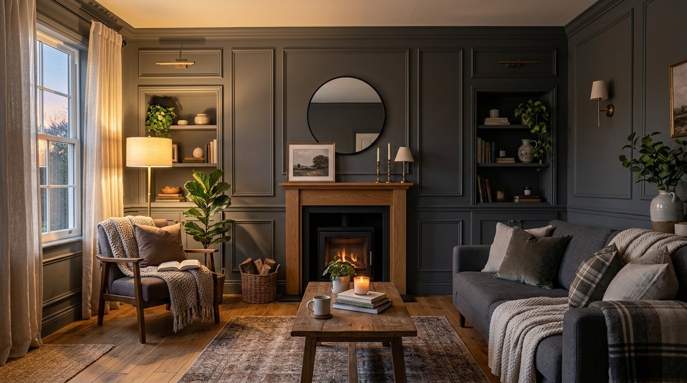 Modern lounge featuring charcoal wainscoting, an oak fireplace, and comfortable grey upholstered furniture.