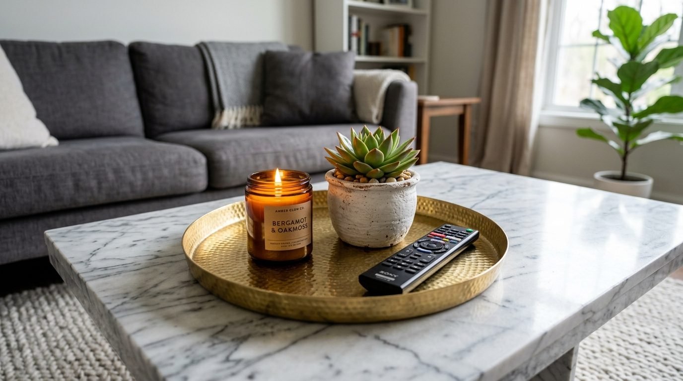 Close up of a burning candle, potted succulent, and remote control on a gold hammered metal serving tray.