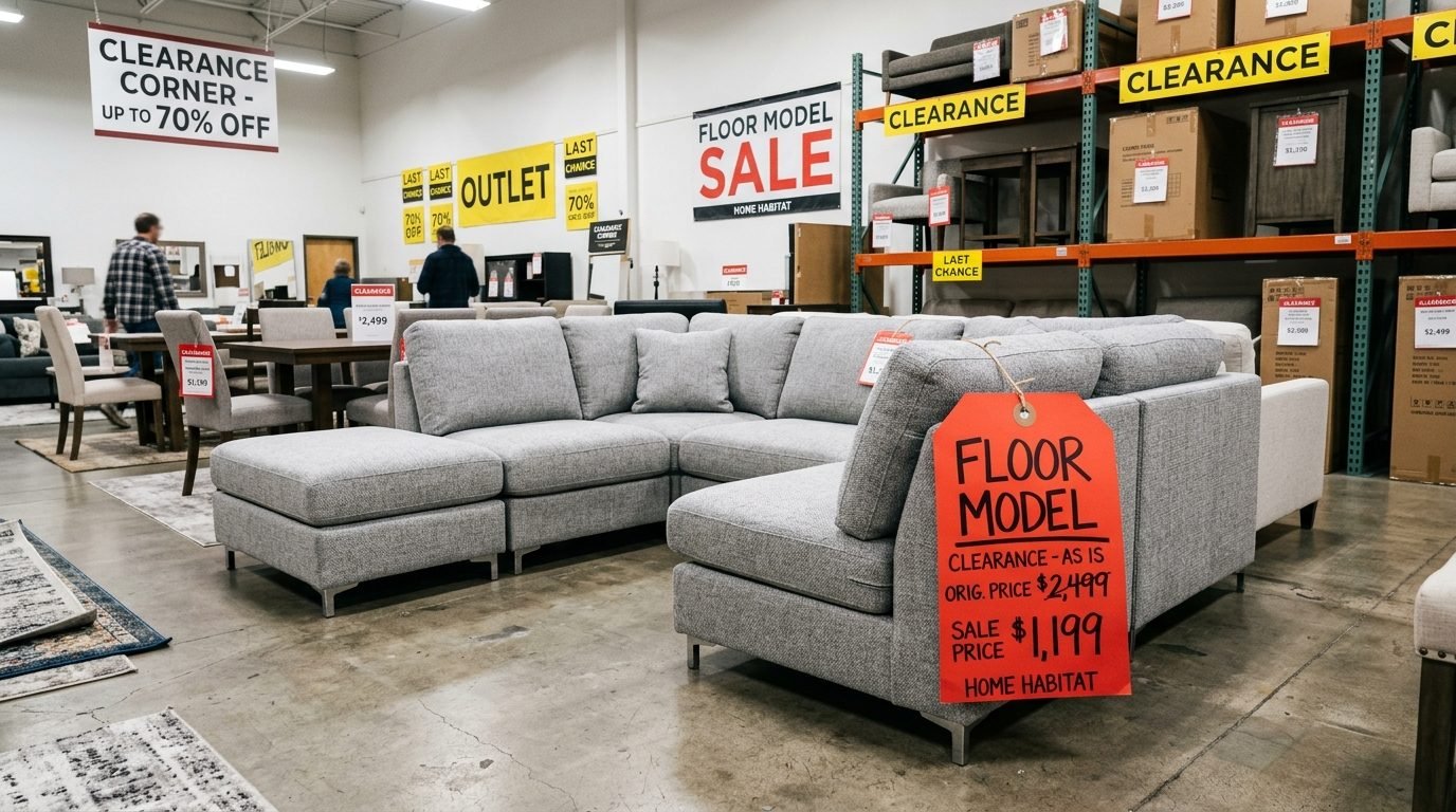 A light grey sectional couch sits on a concrete floor with a large red floor model clearance price tag attached.