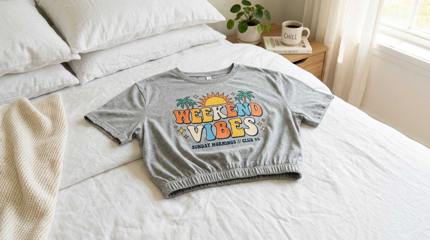A grey short-sleeved crop top with a vintage-style sun and palm tree graphic placed on a white bedspread.
