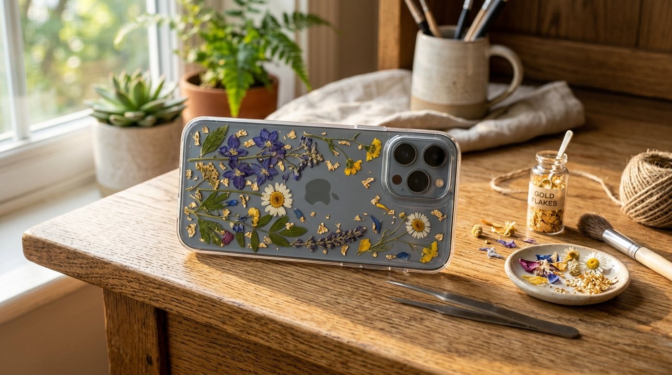 A smartphone protected by a transparent case featuring embedded real flowers, gold leaf, and craft tools on a table.