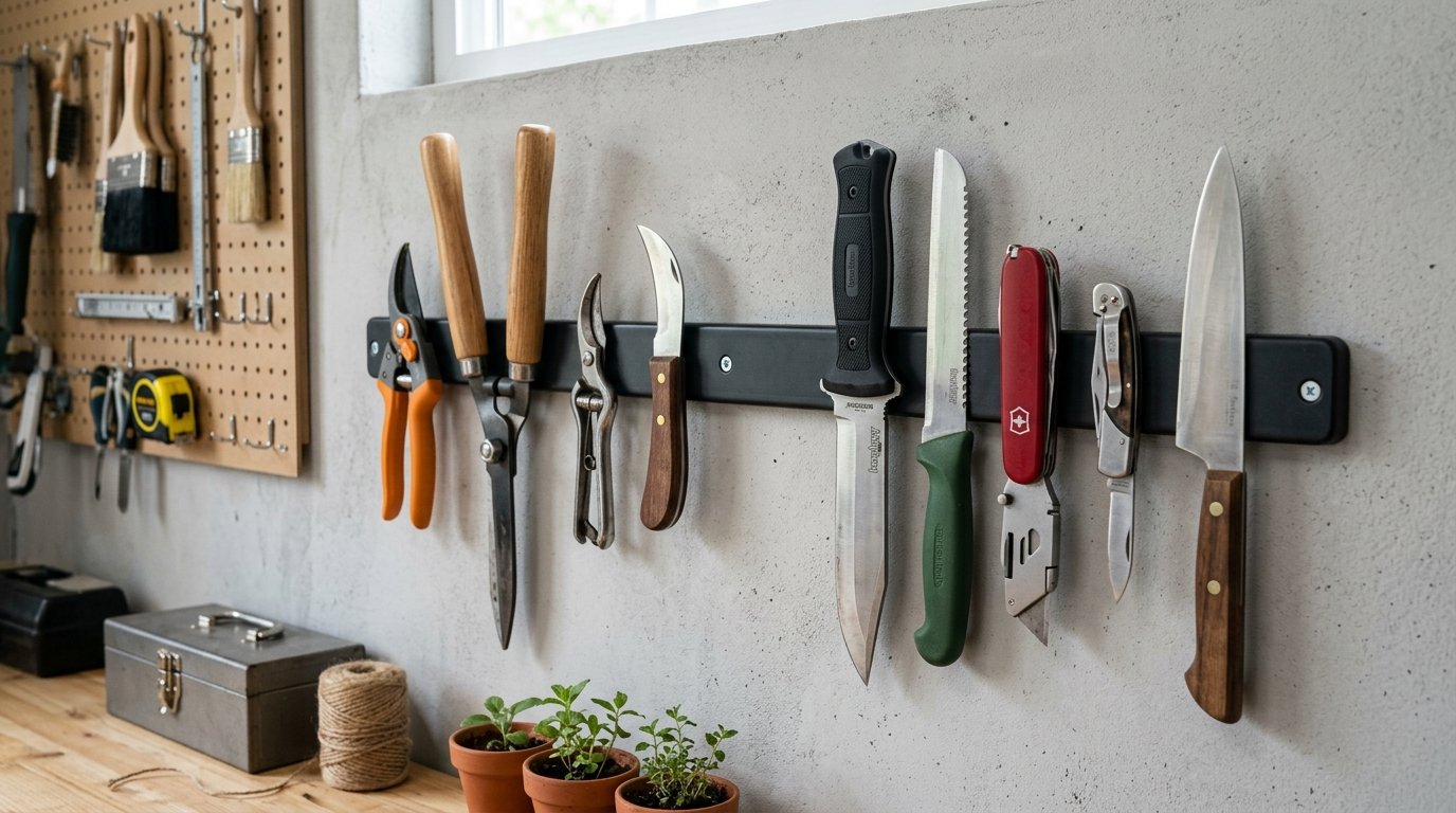 Collection of various knives, shears, and utility blades hanging on a black metal magnetic wall strip.