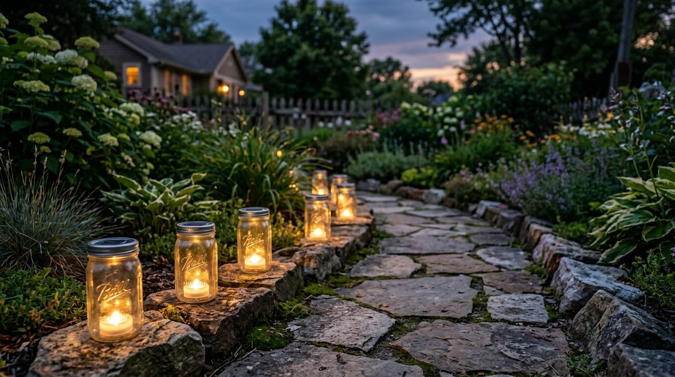 Glowing candlelit mason jars line a flagstone garden path surrounded by lush greenery and flowers.