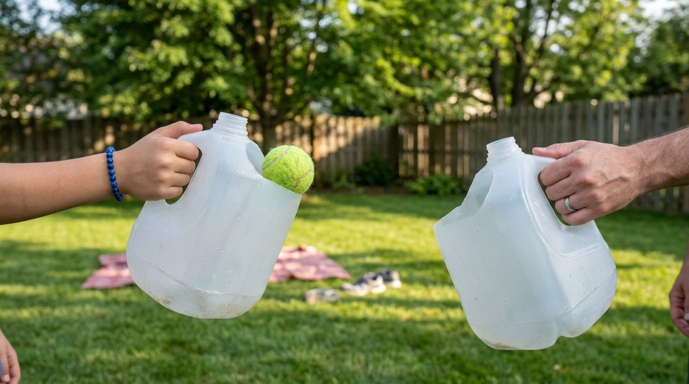 Close-up of hands holding cut plastic milk jugs with a neon green tennis ball inside one during a backyard game.
