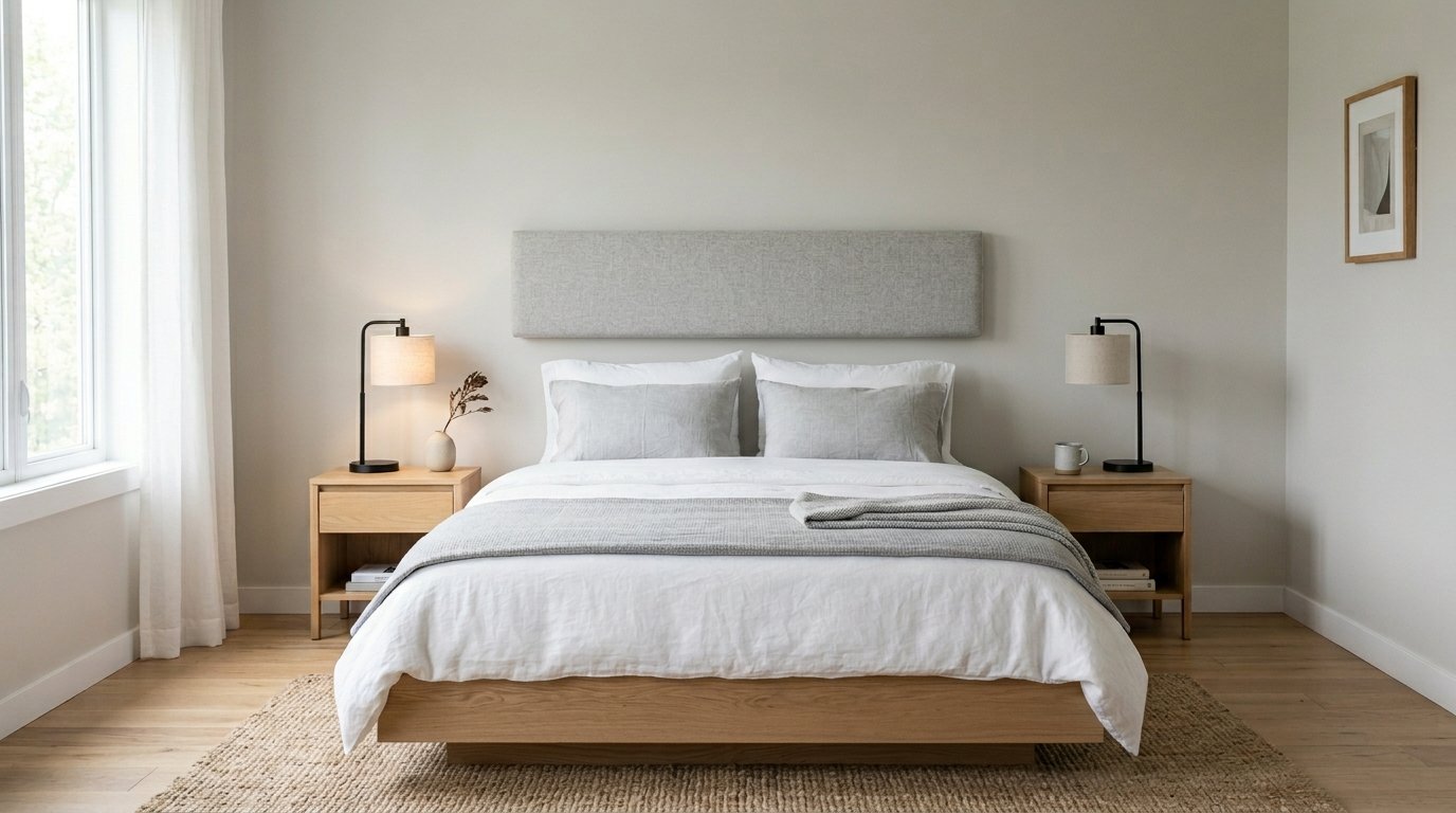 Modern bedroom with a light oak bed frame, grey upholstered headboard, and matching wooden nightstands on a jute rug.