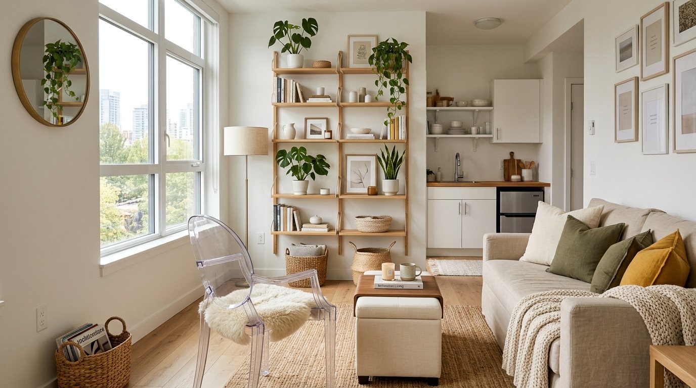 Modern living room featuring a clear chair, neutral sofa with throw pillows, and wooden wall shelves with indoor plants.