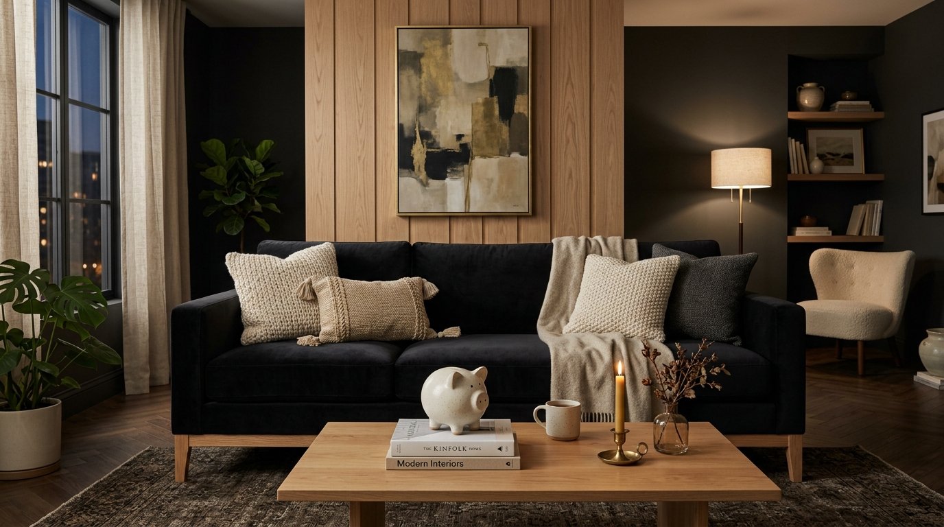 A navy blue sofa with cream pillows sits in front of a vertical wood paneled wall with abstract art.