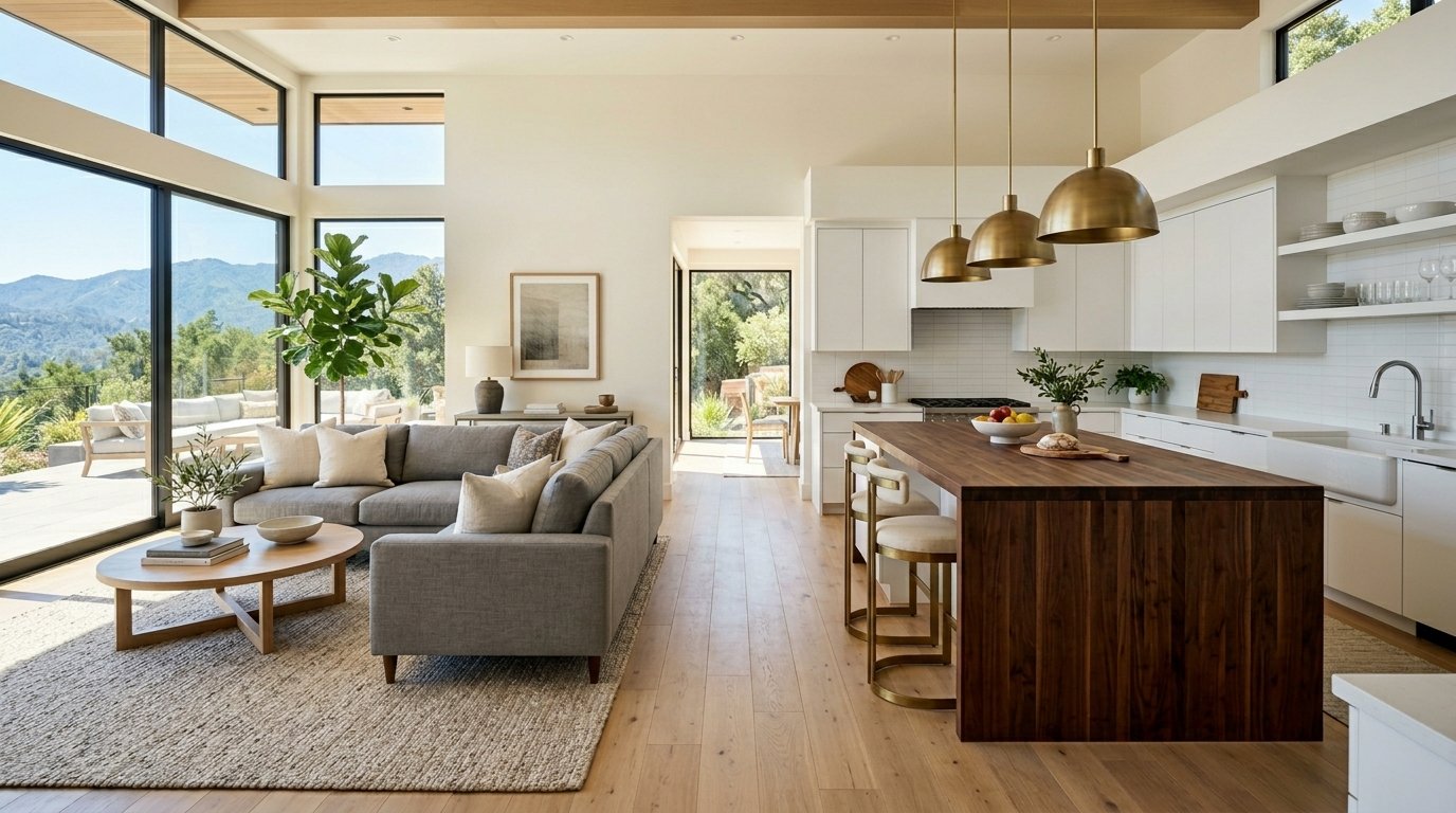 Modern interior featuring a wooden kitchen island, grey sofa, and large windows overlooking mountain scenery.