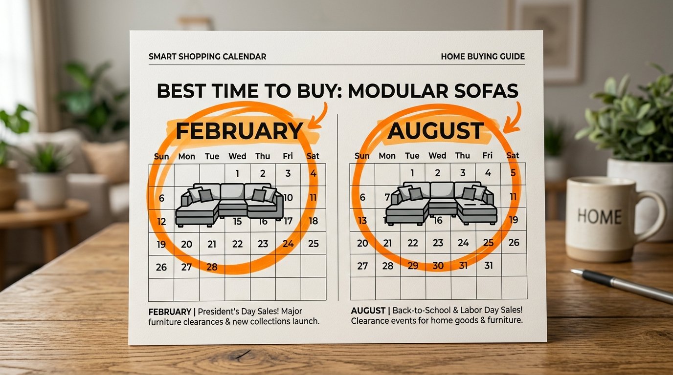 A calendar graphic showing February and August circled in orange as the best months to buy sectional furniture.