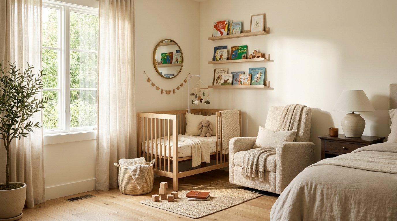 A sunlit baby nursery with a light wood crib, teddy bear, textured rocking chair, and bookshelves on a cream wall.
