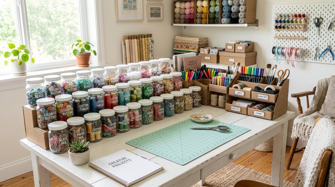White desk filled with neatly organized glass jars containing beads, buttons, and thread in a bright hobby room.