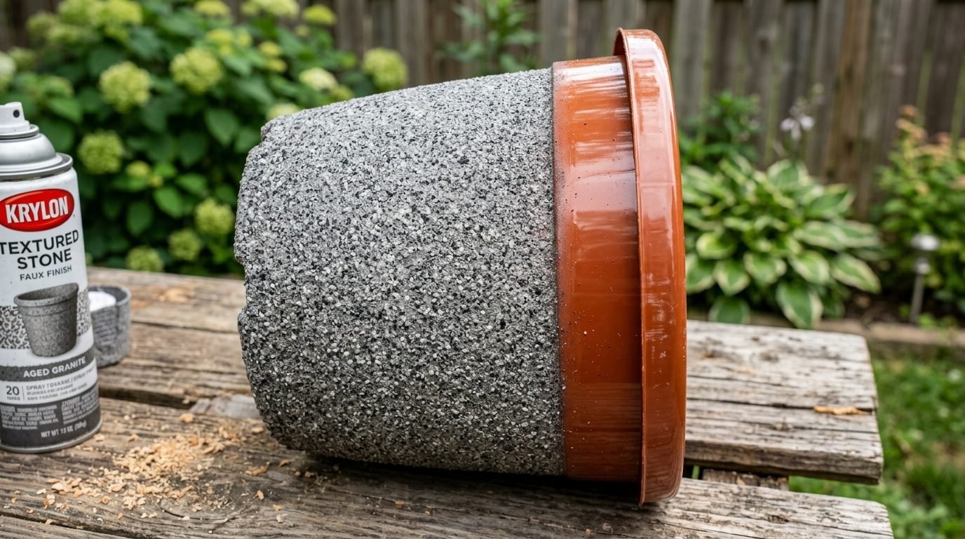 Half-painted plastic planter lying on a wooden table next to a can of Krylon stone spray paint.