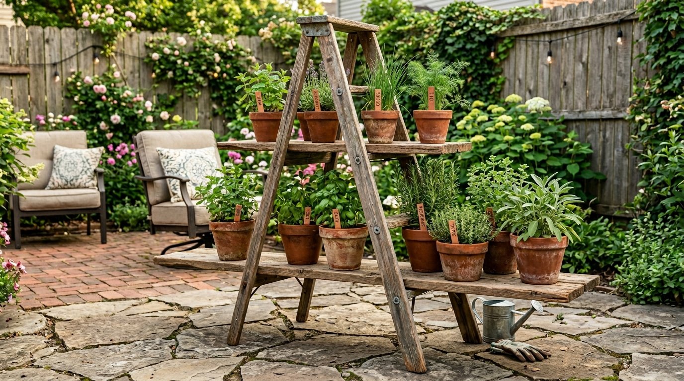 Rustic wooden ladder shelf holding terracotta pots with labeled garden herbs on a stone patio.