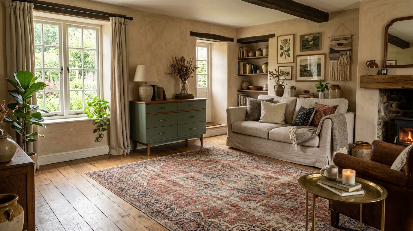An inviting cottage living room with a neutral sofa, patterned area rug, and sage green dresser under a sunny window.
