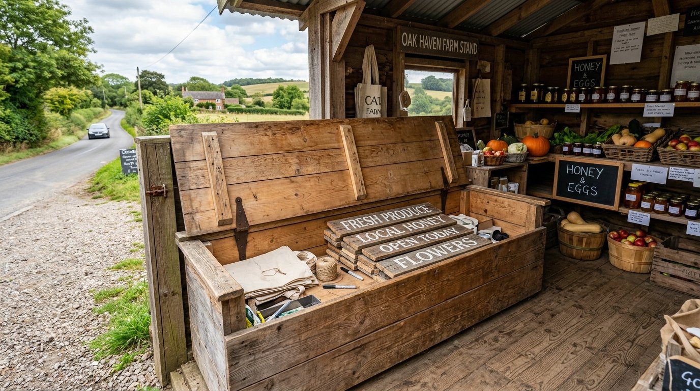 A wooden roadside stall featuring shelves of jars, pumpkins, and a crate with stacked wooden signs.