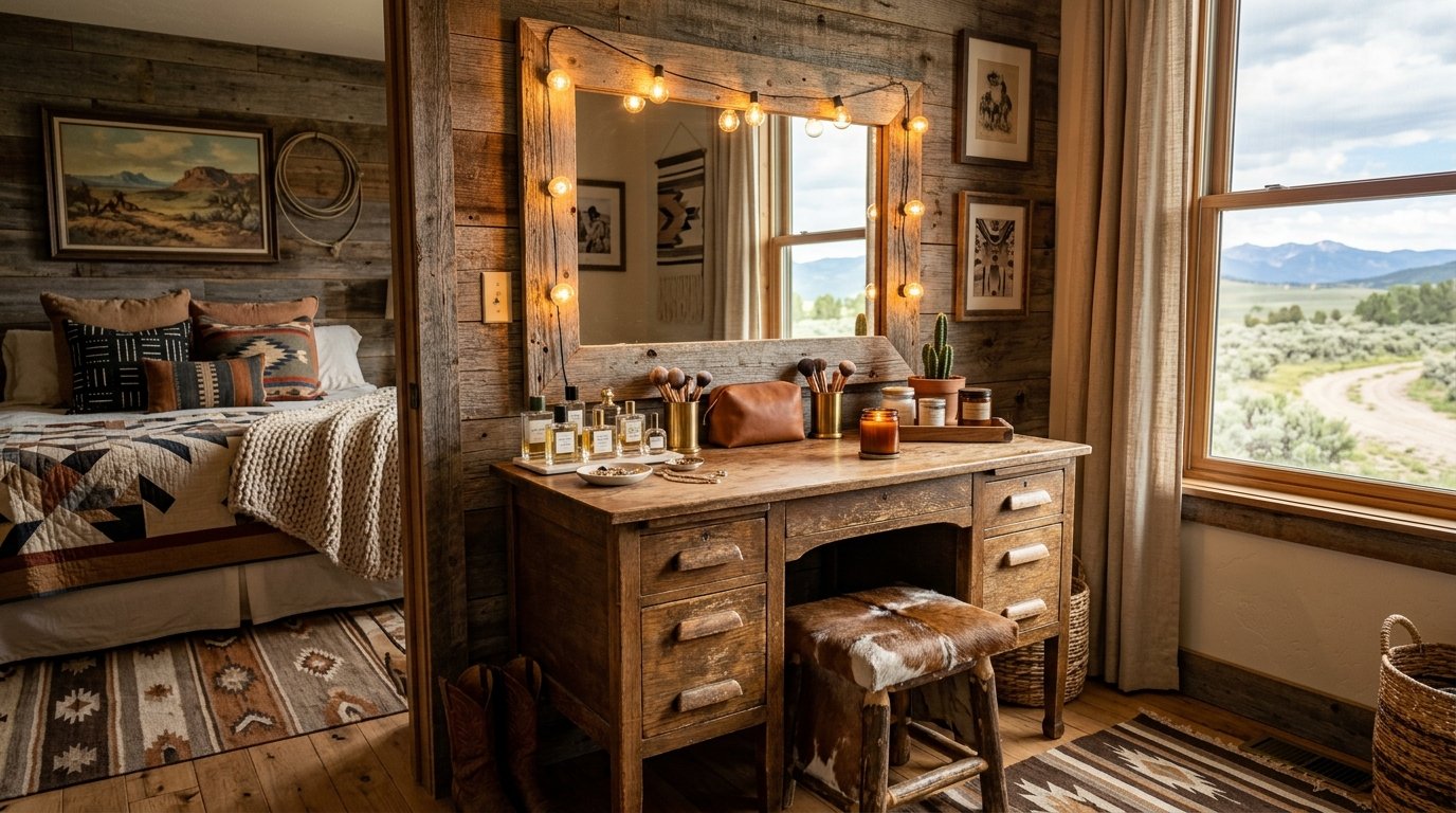 Wooden makeup vanity with a lighted mirror and cowhide stool in a bedroom with farmhouse decor.
