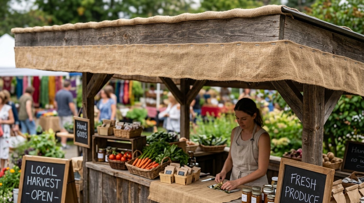 Woman in apron working inside a wooden stall filled with baskets of produce at a local market.