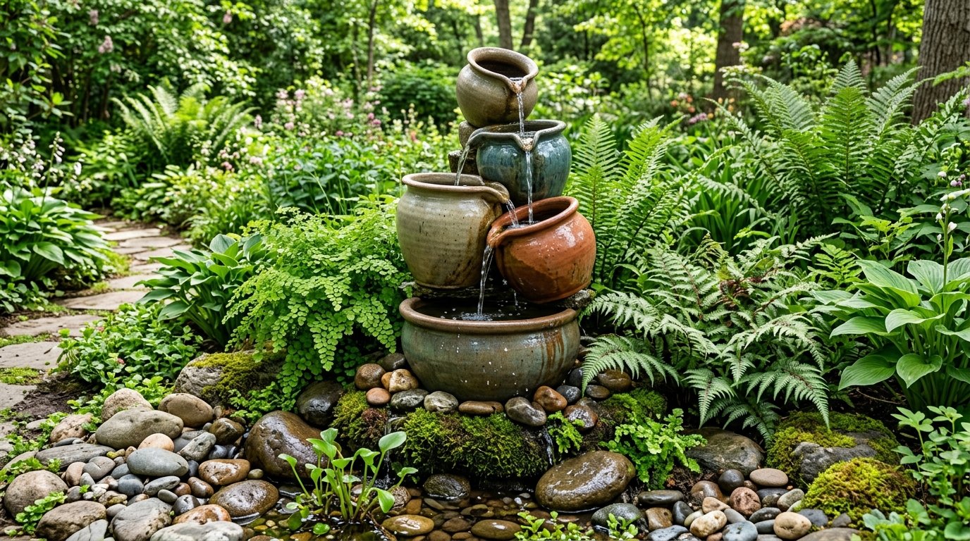 Water flows between rustic stacked clay pots surrounded by mossy rocks and green ferns in a shaded garden setting.
