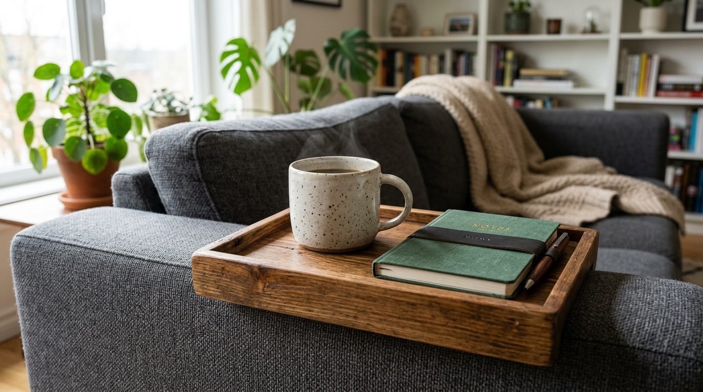 A hot coffee mug with wisps of steam and a green journal placed on a wooden couch arm tray in a cozy living room.
