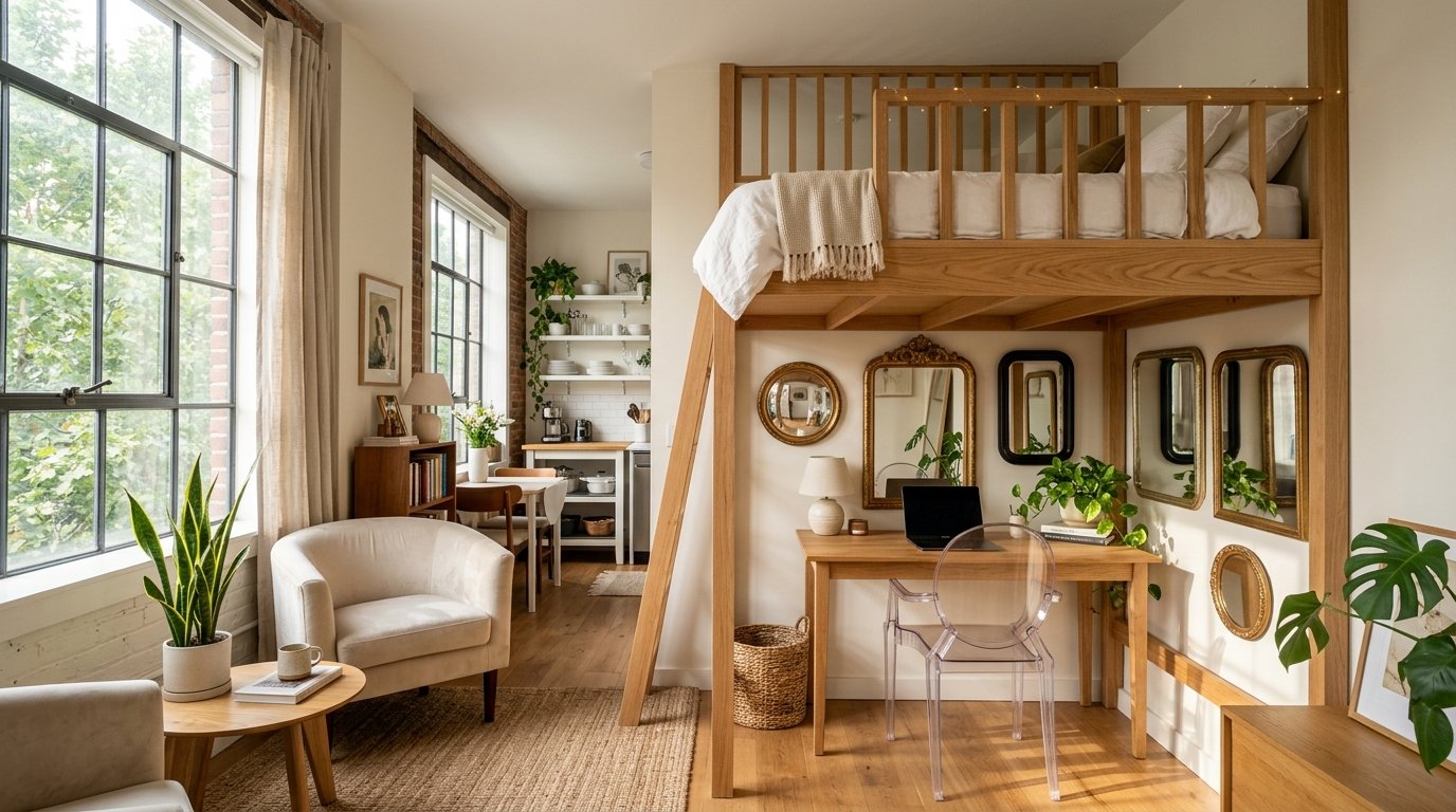 Compact studio home interior with a wooden elevated bed frame, a small desk, and a sitting area by large windows.