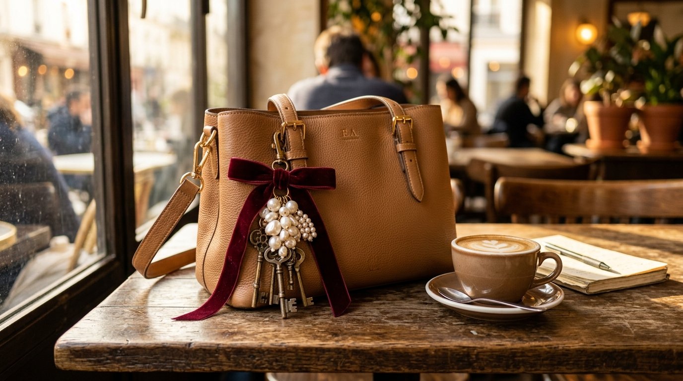 Tan leather tote bag featuring a red velvet bow and pearl key charm sitting on a rustic wooden cafe table near coffee.